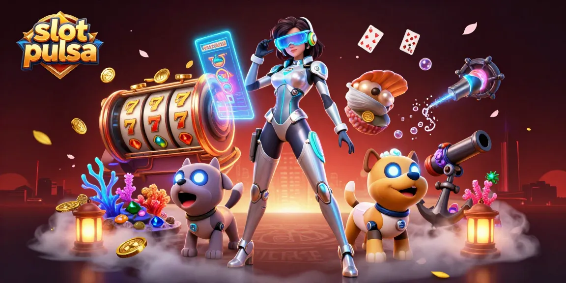 Engage in thrilling slot pulsa gaming with a dynamic woman and robotic companion in a dazzling 3D scene.