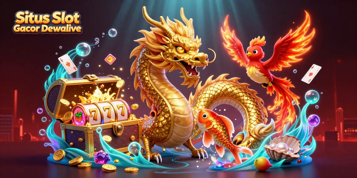 Situs Slot Gacor Dewalive showcases a vivid 3D scene with a golden dragon and phoenix, celebrating wins in a vibrant casino atmosphere.