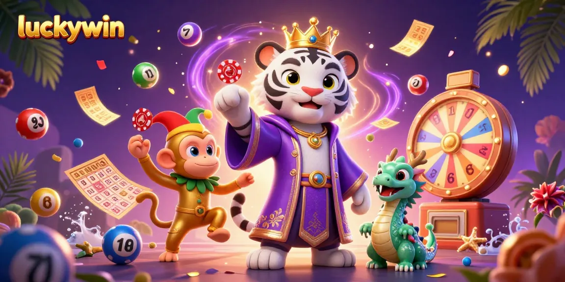 Experience the vibrant energy of luckywin with a lively illustration of a royal tiger, jester monkey, and a magical dragon.