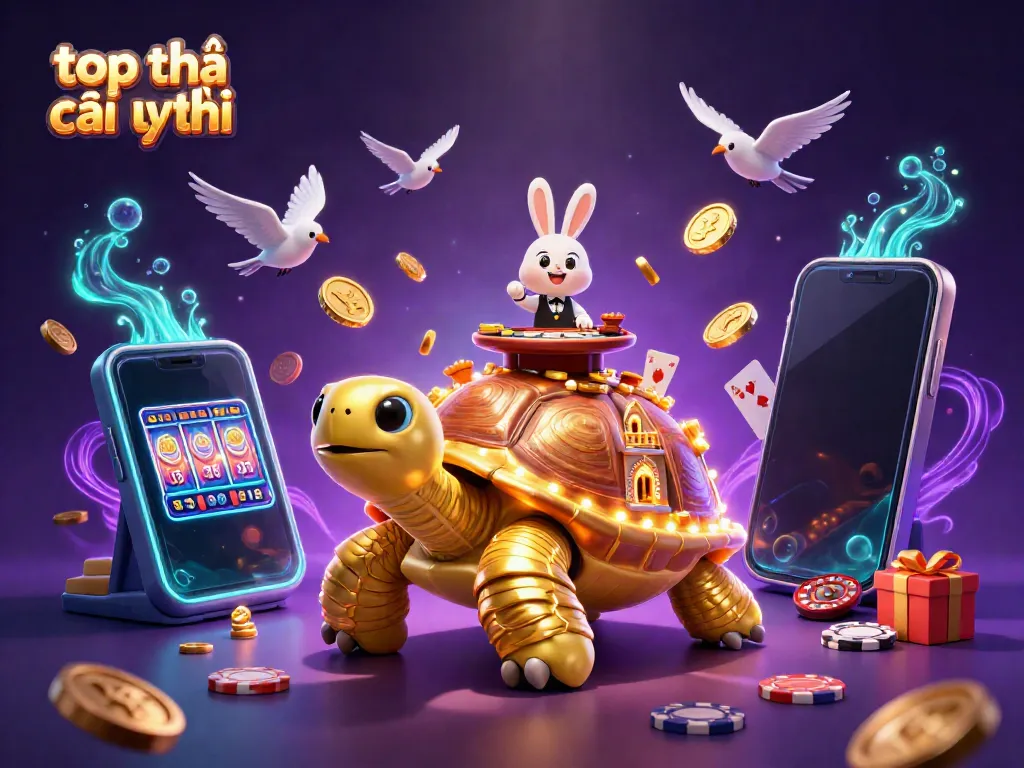 Experience exciting gameplay at top nhà cái uy tín with vibrant casino illustrations featuring a golden tortoise and dealer.