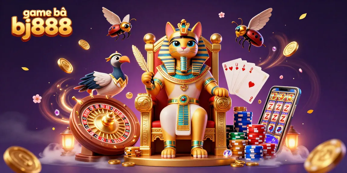 Play exciting game bài bj888 with a vibrant 3D casino scene featuring an Egyptian pharaoh cat and dynamic gaming elements.