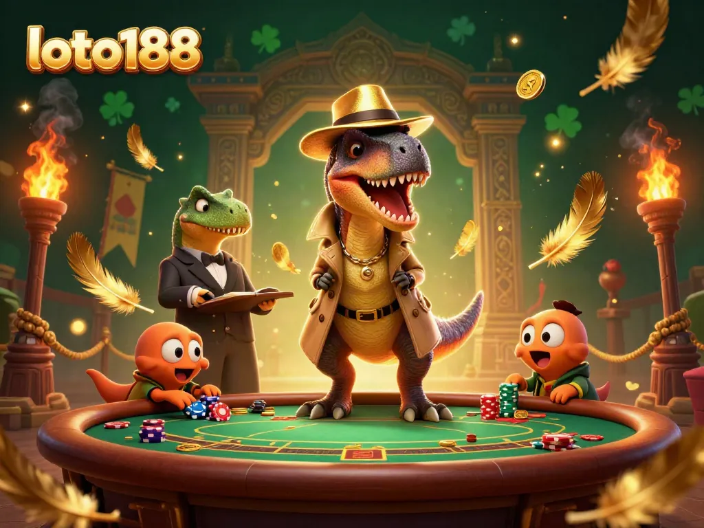 Experience the excitement of loto188 with a velociraptor card counter and intriguing characters in an online casino setting.