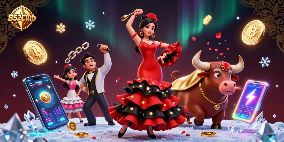 B52Club captivates with an engaging scene of a flamenco dancer and a fighting bull amidst vibrant casino elements.
