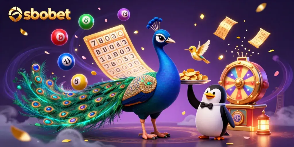 Bet on sbobet with an ornate peacock, a butler penguin, and a hummingbird amidst vibrant lottery elements.