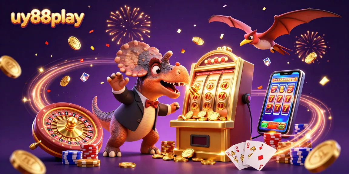 Experience the thrills of uy88play with a lively scene of animated dinosaurs and casino elements.