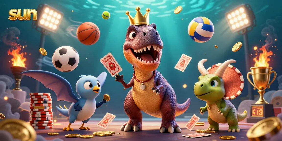 Engage with the sun-themed casino action featuring a T-Rex struggling to shuffle cards, surrounded by vibrant game elements.