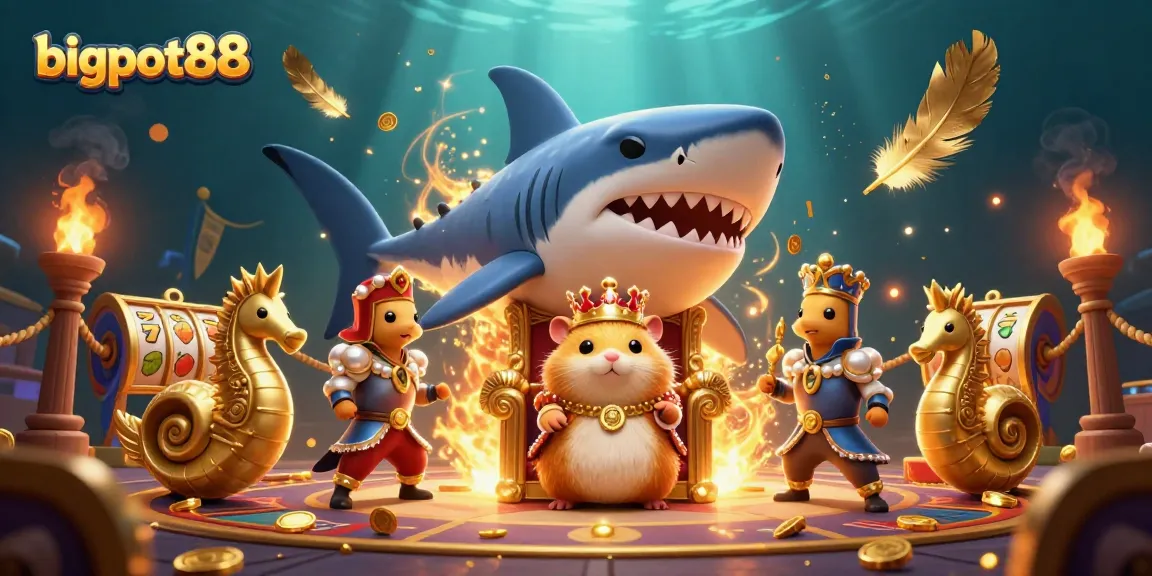 Spin to win with bigpot88 in a vibrant underwater casino scene featuring slot elements and royal characters.