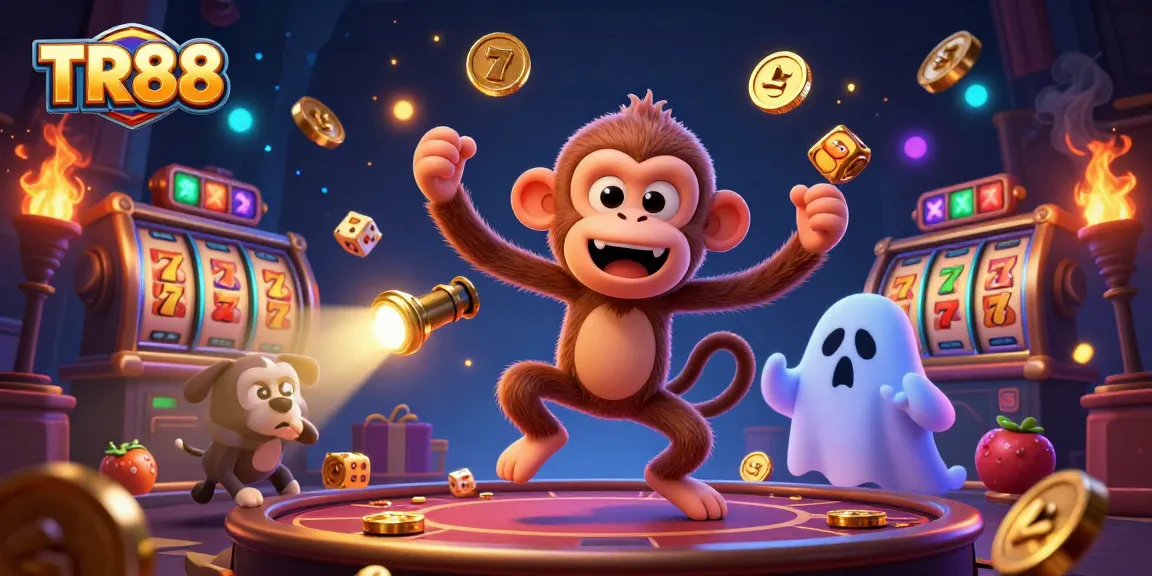 Experience thrilling moments at TR88 casino with vibrant slot reels, golden jackpots, and playful characters.