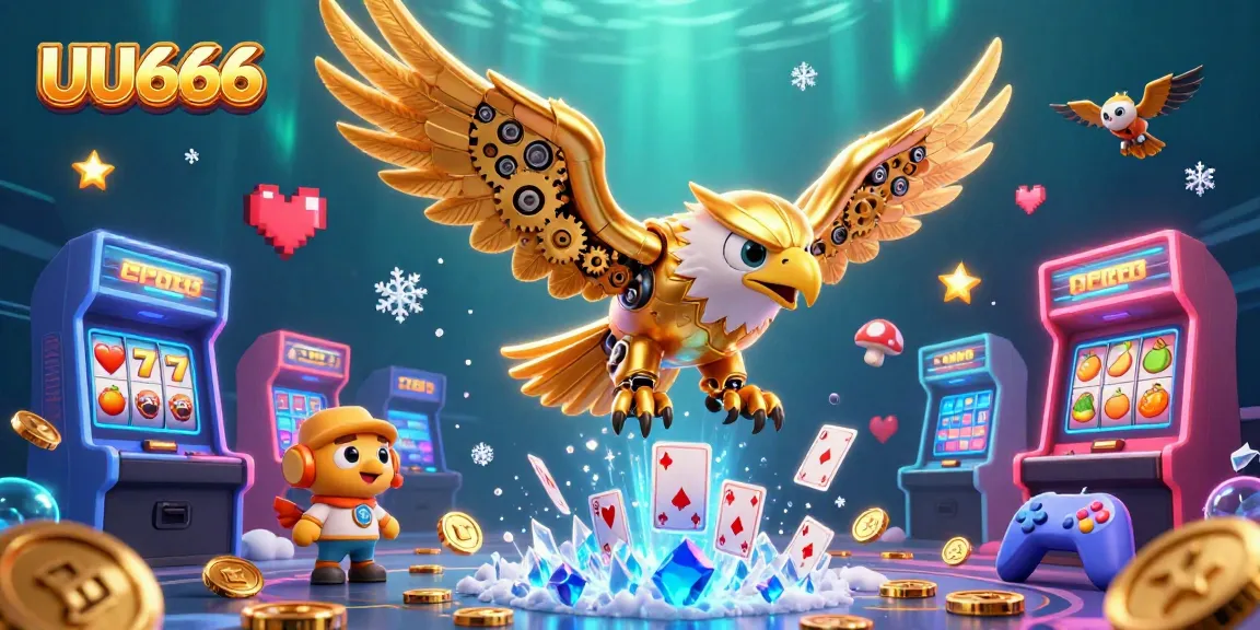 UU666 showcases a vibrant scene where a golden eagle dives through holographic cards, embodying the thrill of interactive gaming.