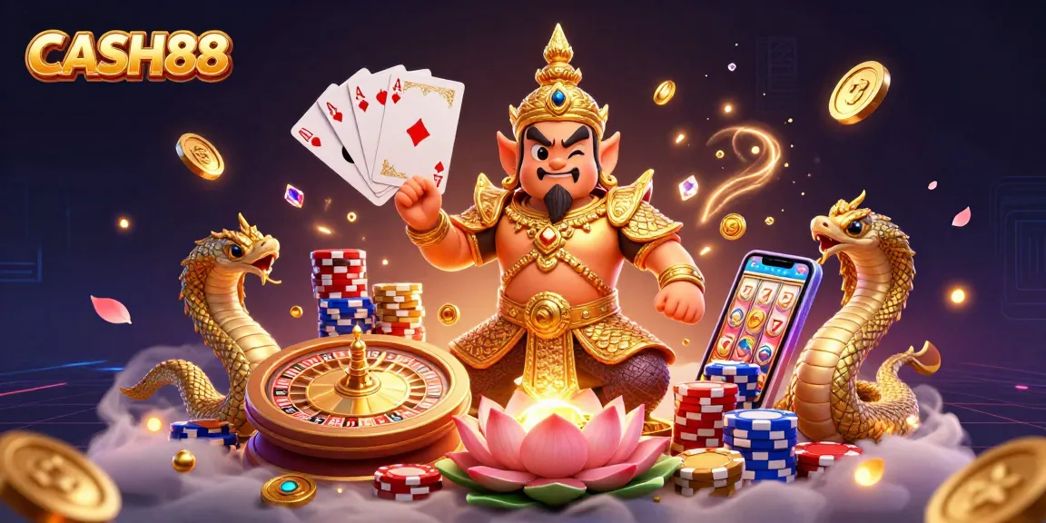 CASH88 features a vibrant 3D scene with a temple guardian, Naga serpents, and dynamic casino elements.