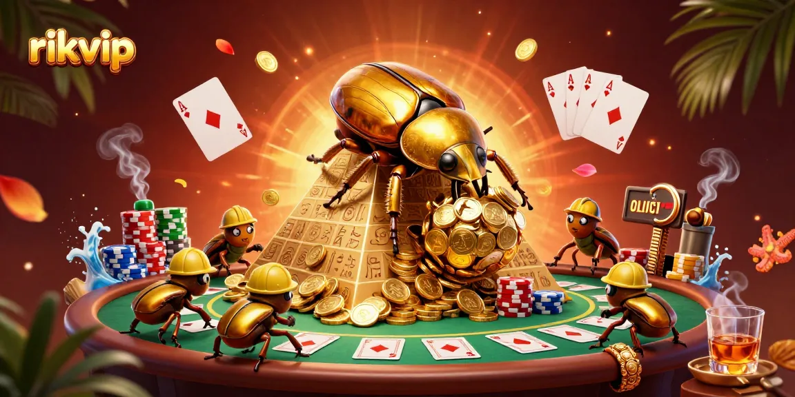 Spin to win at Rikvip with a golden beetle and vibrant casino elements surrounding a poker scene.
