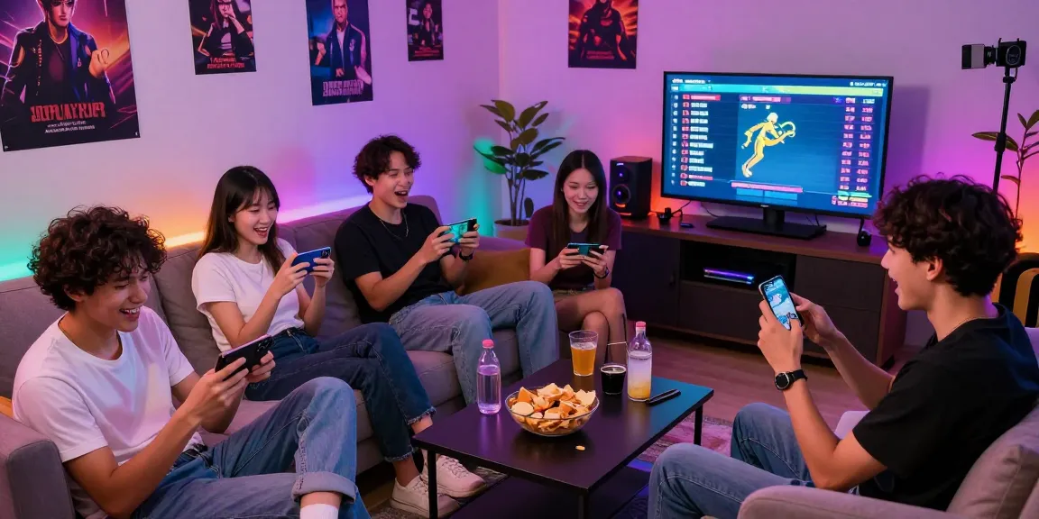 Young adults excitedly playing earning games on mobile devices in a cozy gaming room.