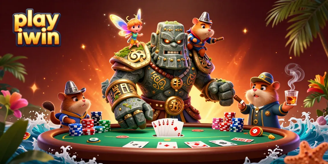 Play iwin with an enchanted golem guardian and fairy at a vibrant poker table.