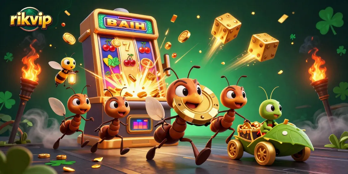 Experience exciting gaming at rikvip with a dynamic casino heist scene featuring playful ants and rich gaming elements.