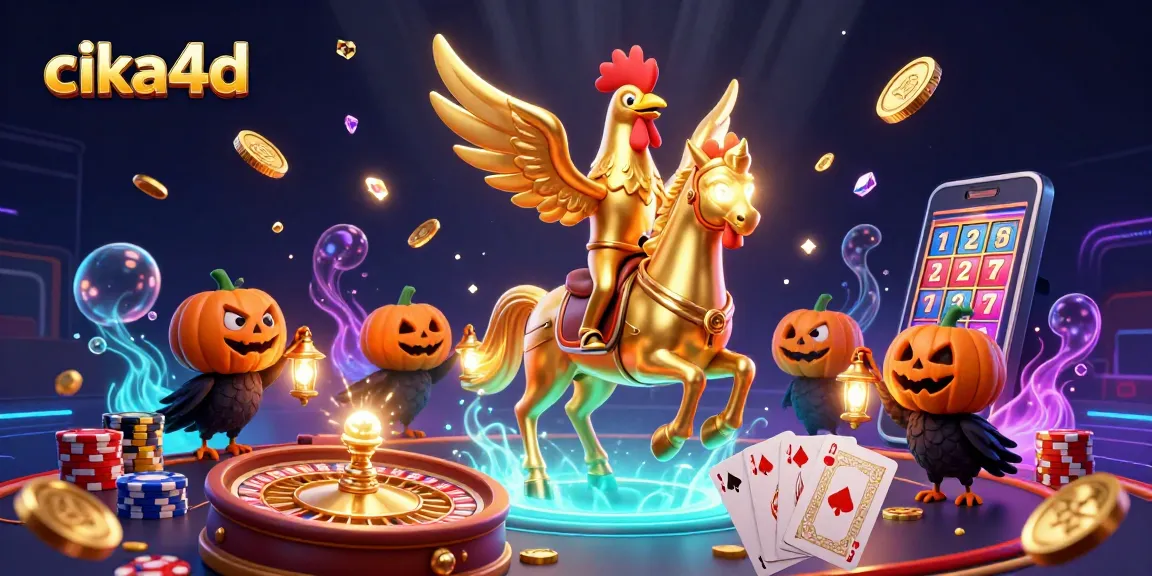 Win big with cika4d as golden rooster rides through a dazzling casino scene.