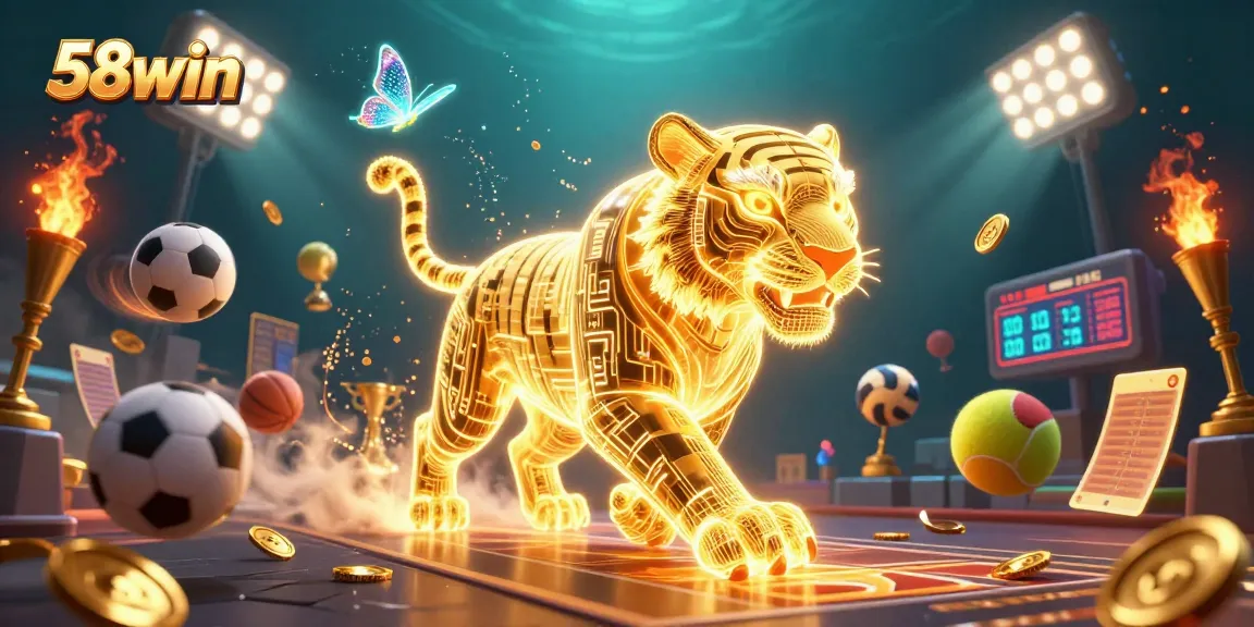 Experience the thrill of 58win as a golden tiger explores a vibrant digital casino filled with dynamic sports betting elements.
