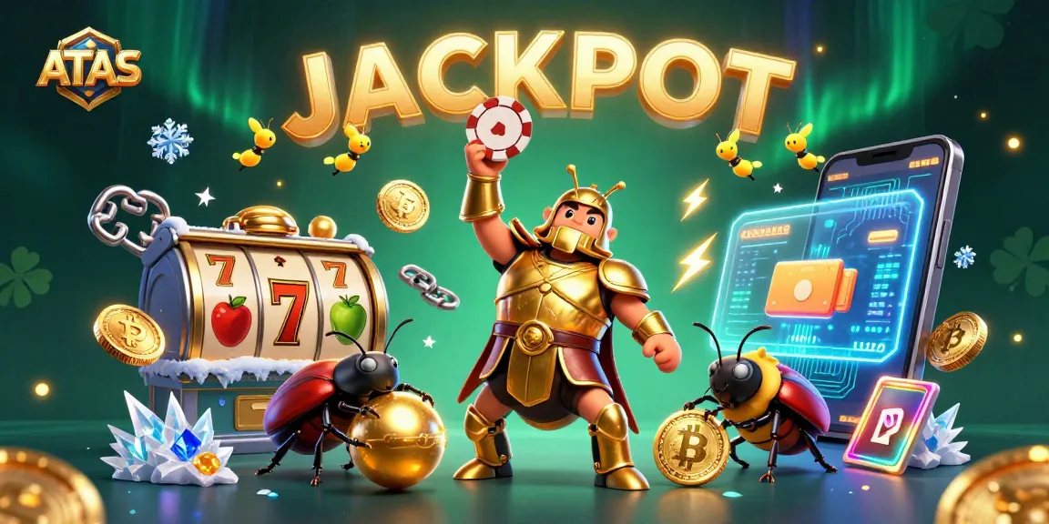 Experience thrilling moments with ATAS as a cartoon beetle lifts a poker chip, surrounded by vibrant casino elements.
