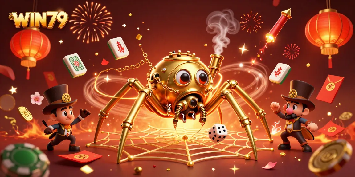 WIN79 captures attention with a dynamic illustration featuring a whimsical steampunk spider and gambling elements.