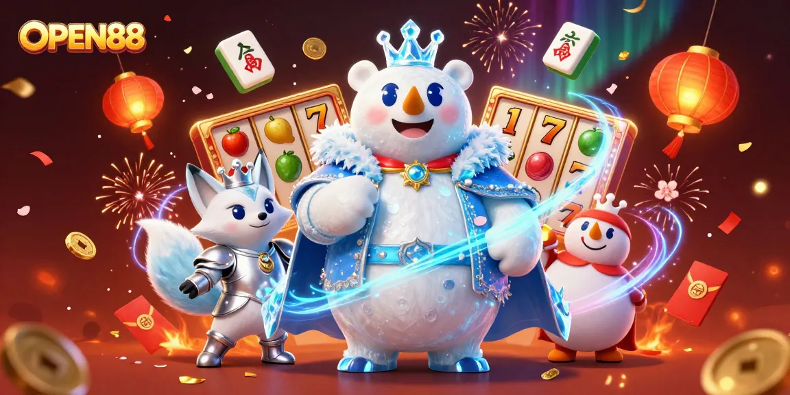 Immerse in the vibrant world of OPEN88 with a dynamic 3D casino scene featuring engaging slot elements.