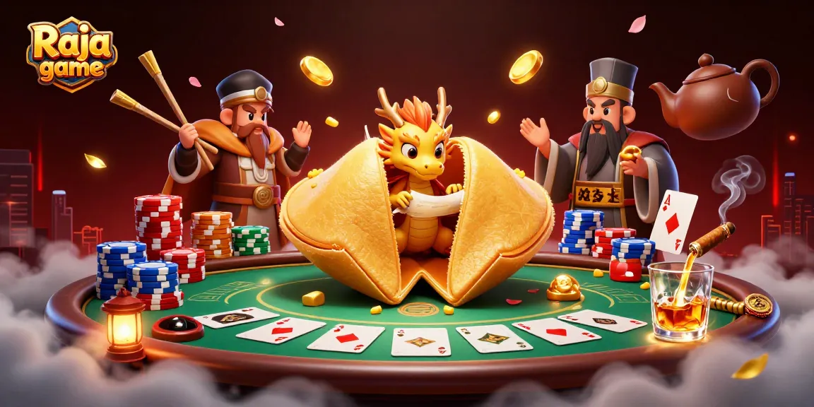 Play exciting Raja game with a golden fortune cookie, poker elements and vibrant atmosphere.