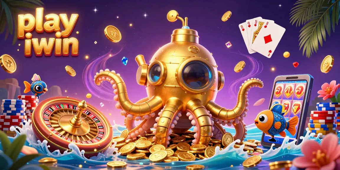 Play iwin with a vivid 3D illustration of a golden kraken submarine amidst cascading coins and vibrant casino elements.