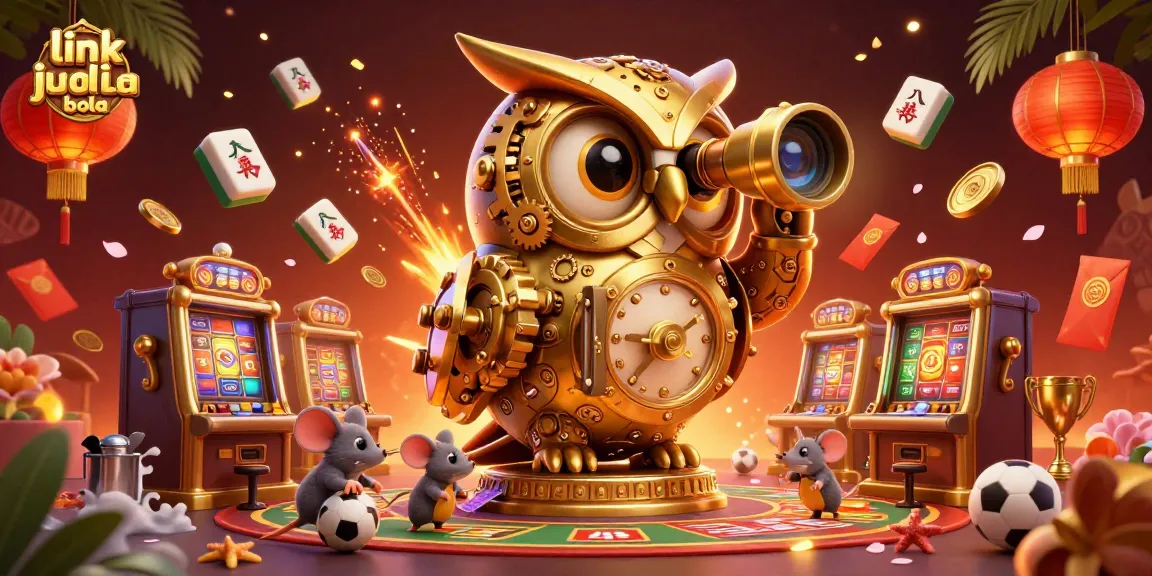 Engage in exciting gameplay at link judi bola with 3D golden owl overseeing a vibrant casino scene.