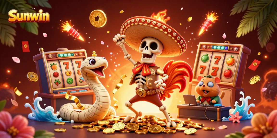 Sunwin captivates players with a vibrant victory scene filled with jackpots, golden coins, and 3D characters dancing.