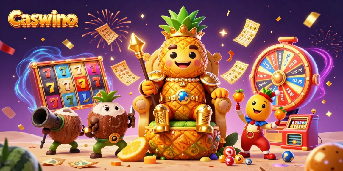Join the fun at Caswino's vibrant casino with lively characters and thrilling slot game elements.