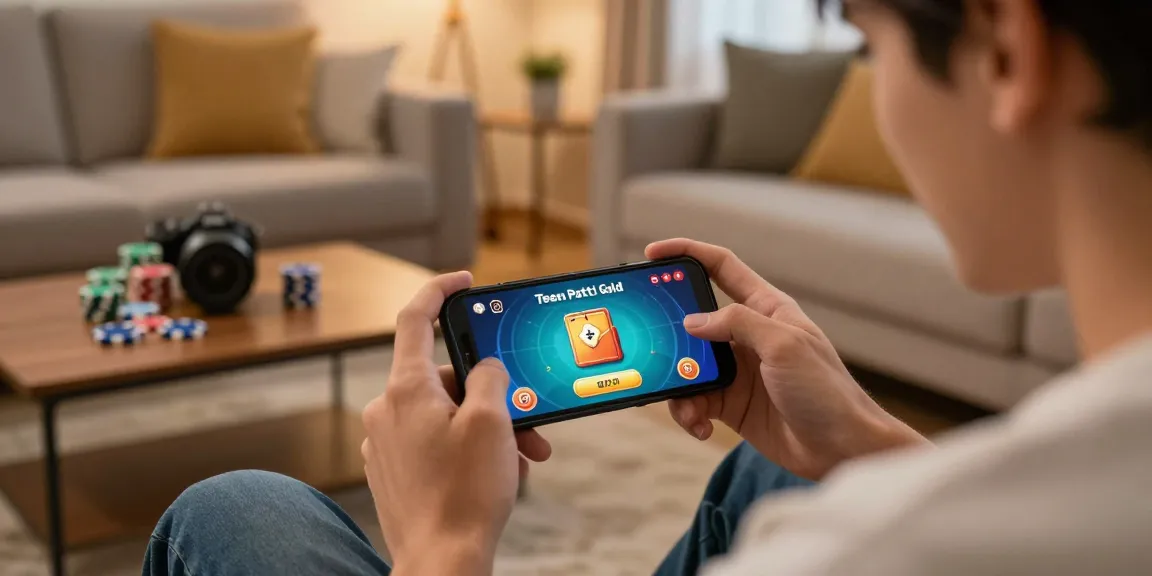 Click to start here with Teen Patti Gold gameplay on smartphone, showcasing gaming excitement in cozy home setting.