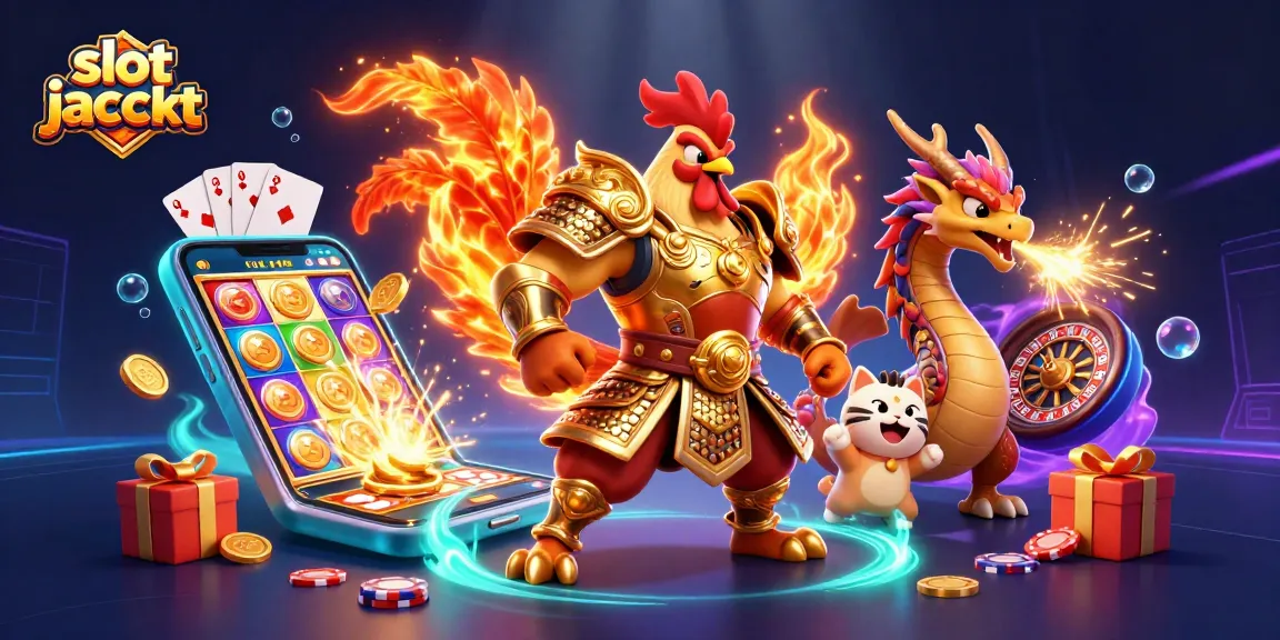 Menangkan slot jackpot dengan ilustrasi dinamis karakter kasino, smartphone, dan koin emas.