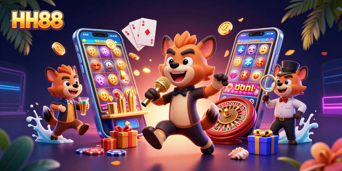Experience the excitement of HH88 with a lively hyena casino scene, featuring vibrant games and entertainment.