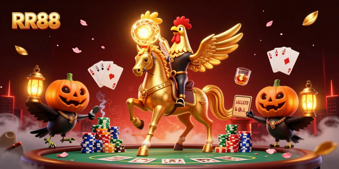 Experience the magic of RR88 in an epic casino scene with a golden rooster, poker elements, and vibrant details.