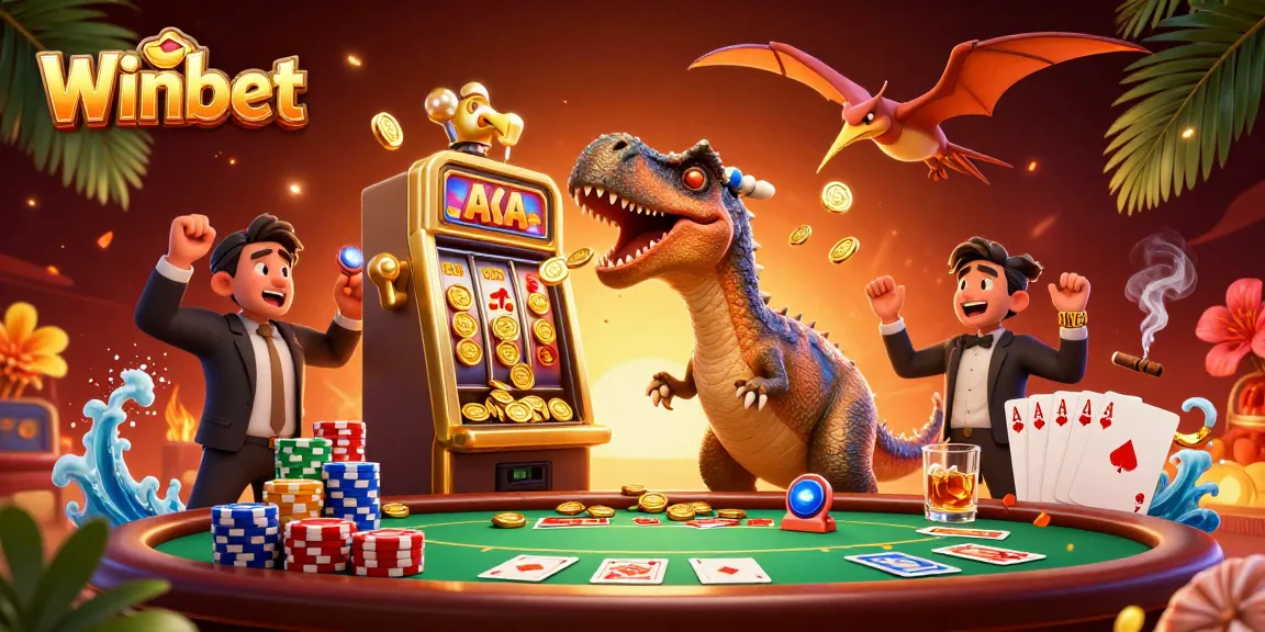Winbet-themed illustration of a dinosaur hitting a slot machine for jackpot coins amidst casino elements.