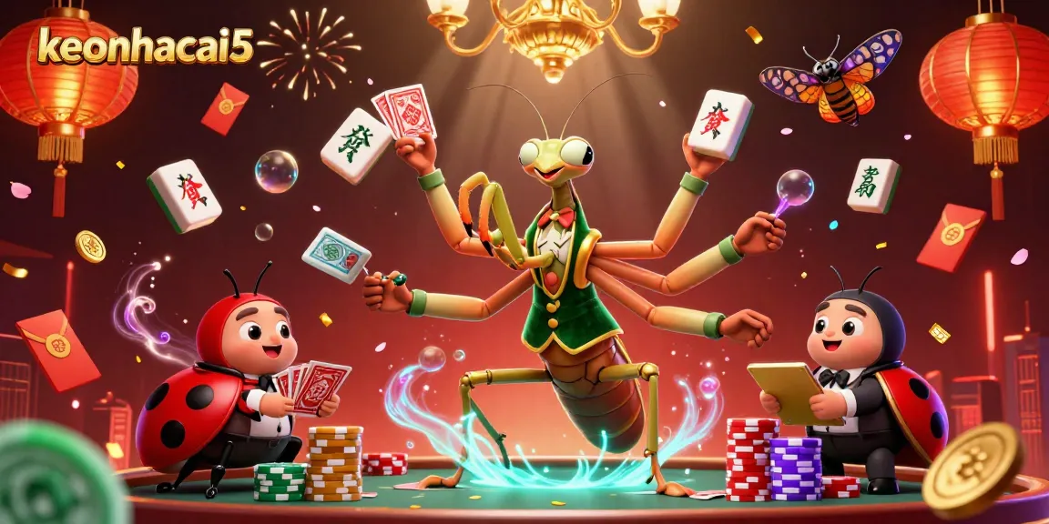 keonhacai5 showcases a vibrant scene with a 3D cartoon praying mantis card sharp, lively casino elements, and dynamic festive decorations.