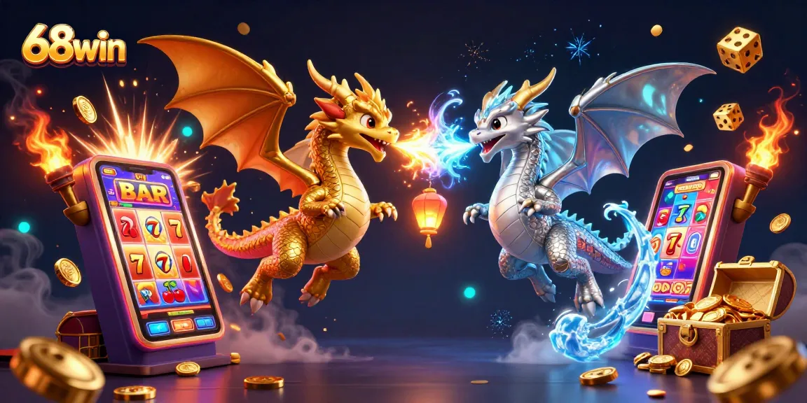 Engage with exciting gaming action at 68win, featuring dynamic dragons, a jackpot explosion, and vibrant casino elements.