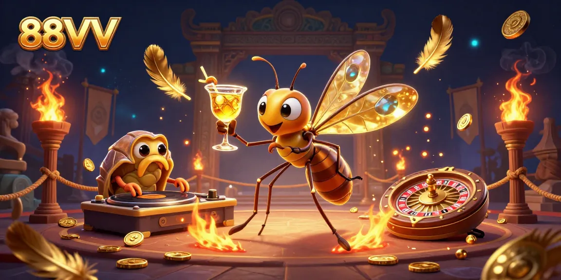 Engage with 88VV's vibrant casino scene featuring a unique frozen mosquito mascot, trilobite DJ, and golden roulette.