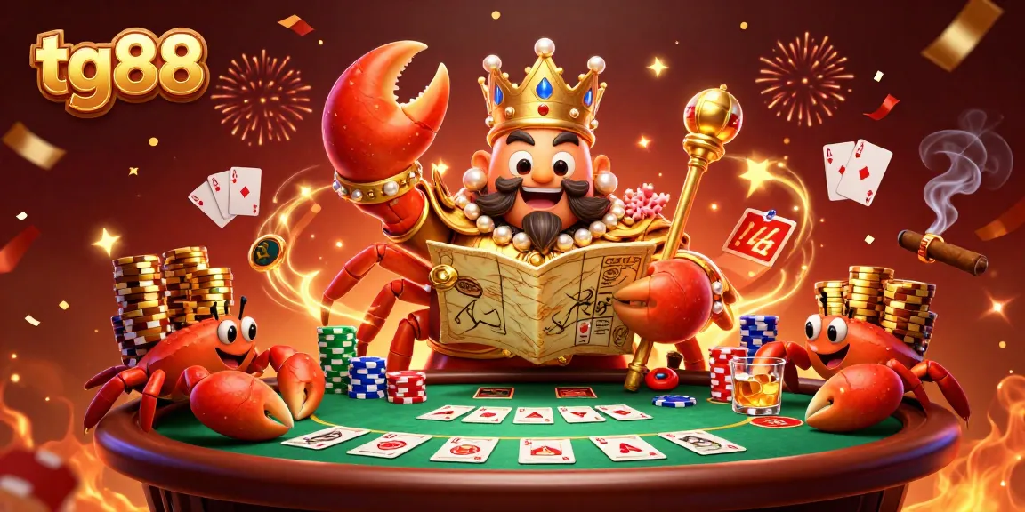 Engage with tg88 for thrilling poker action with a golden crab emperor amidst colorful chips.