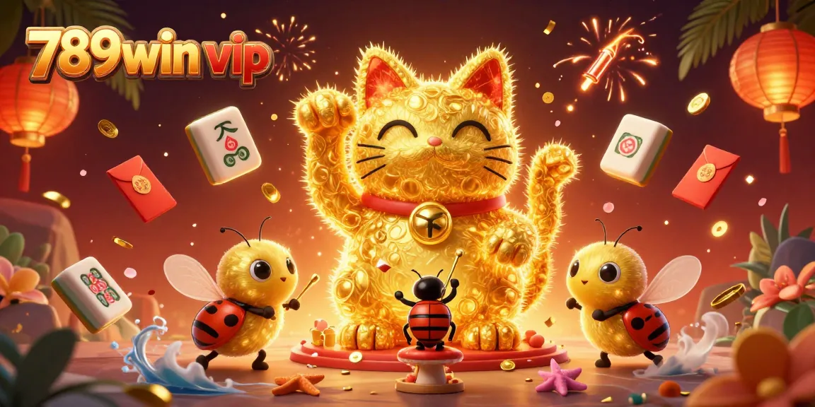 Engage in thrilling gameplay with 789win vip, featuring a lucky cat surrounded by vibrant casino symbols.