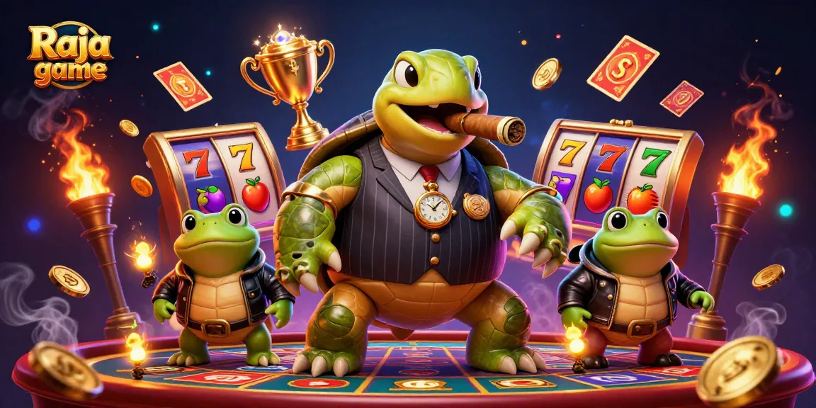 Engage in thrilling experiences with Raja game, where a snapping turtle mobster and bullfrog enforcers celebrate in style.