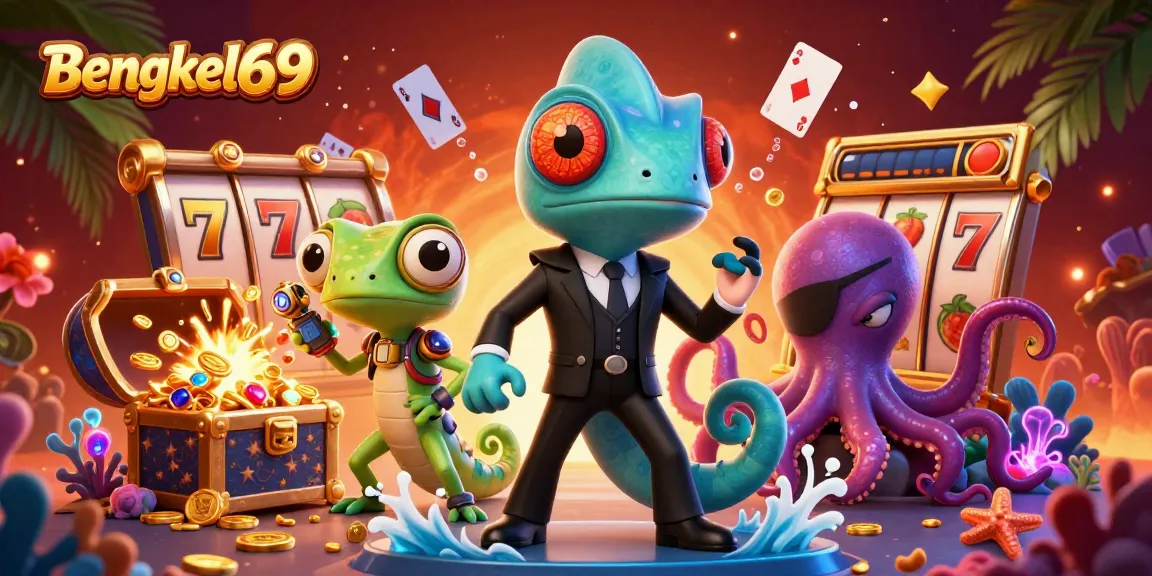 Bengkel69 showcases colorful slot reels and characters in a vibrant underwater casino scene.