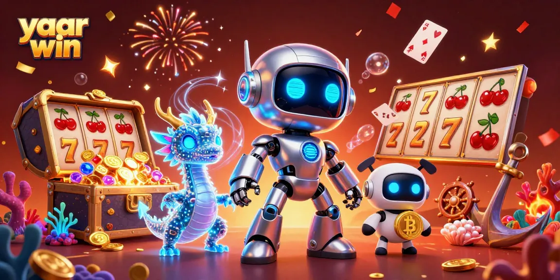 Engage with yaar win in an electrifying casino scene featuring a cyberpunk mascot and slot elements.