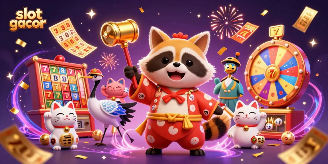 Pemain meraih kemenangan di slot gacor dengan tanuki bahagia dan elemen permainan kasino yang berwarna-warni.