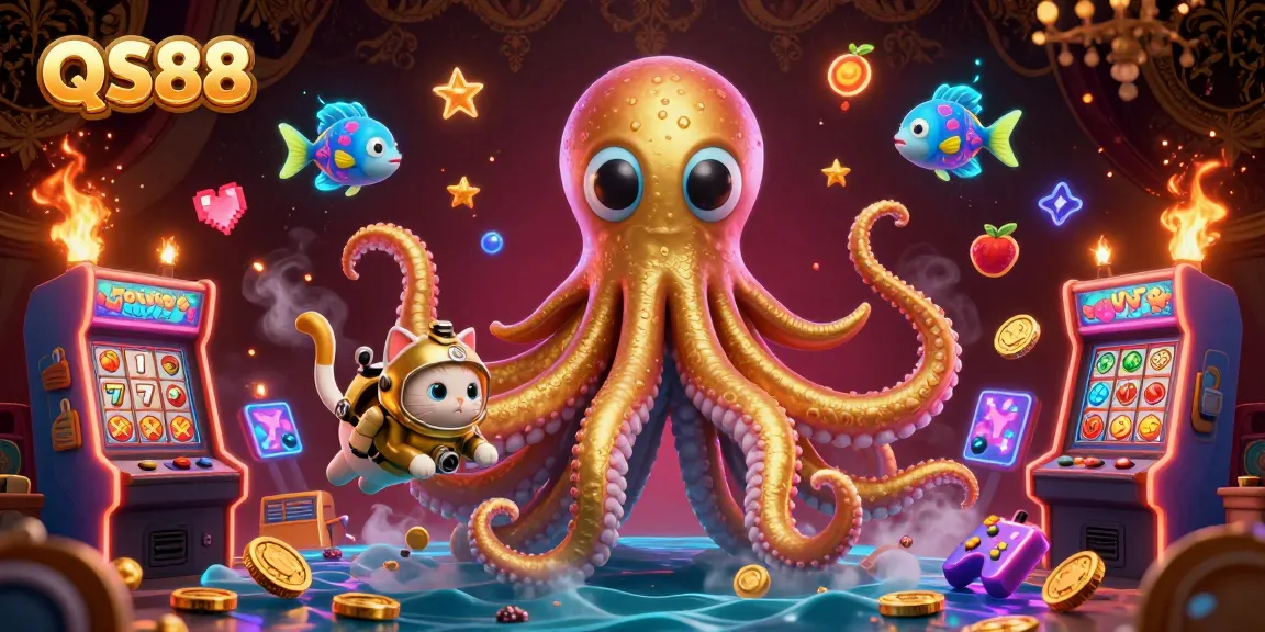 Experience the exhilarating slots action at QS88 with a vibrant illustration of a kraken and diving cat.