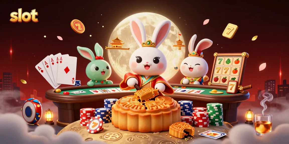 Slot gacor memperlihatkan kelinci bulan yang memukul kue bulan emas dengan chip poker di dalamnya.