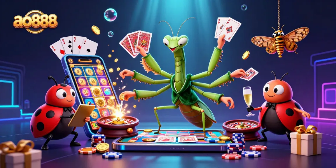 Join the thrilling action at ao888 with a vibrant casino scene featuring a card sharp and ladybug pit boss.