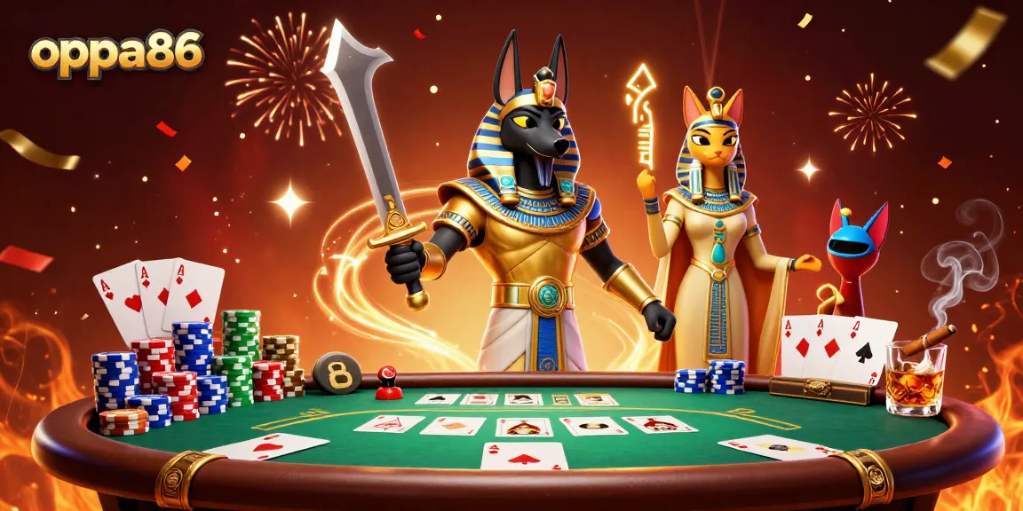 Experience the excitement of oppa86 with Anubis and Bastet at a vibrant poker table.