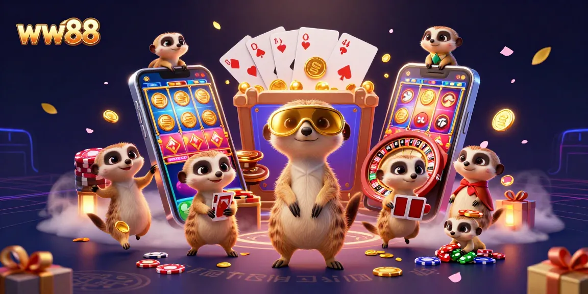 Join the excitement at ww88's dynamic casino operation featuring lively meerkats and vibrant game elements.