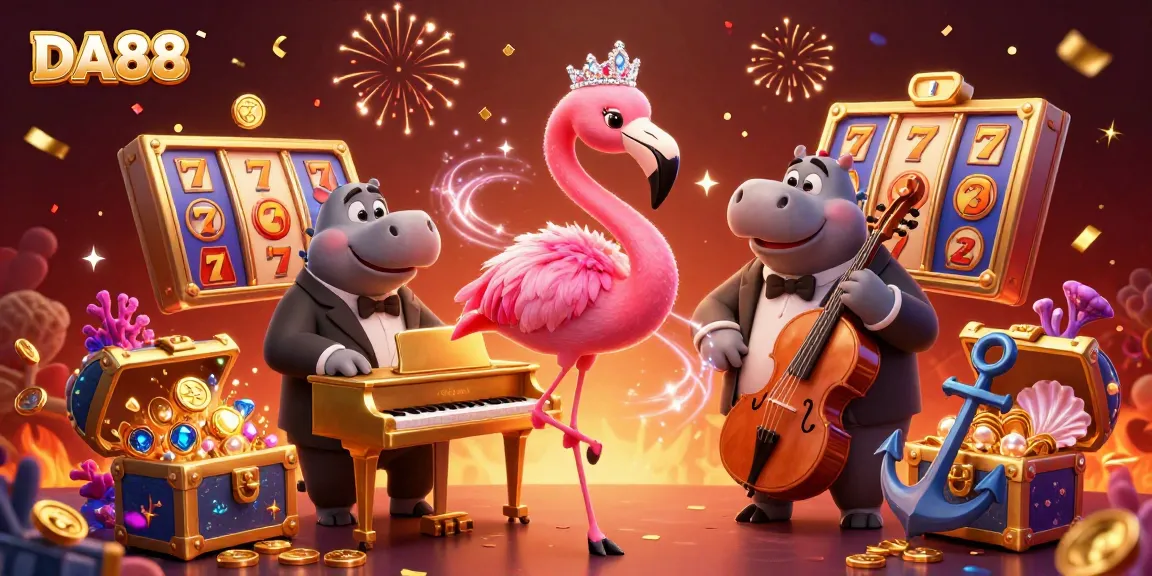 Join the fun at DA88 with a vibrant casino scene featuring a flamingo singer and hippo bassist.