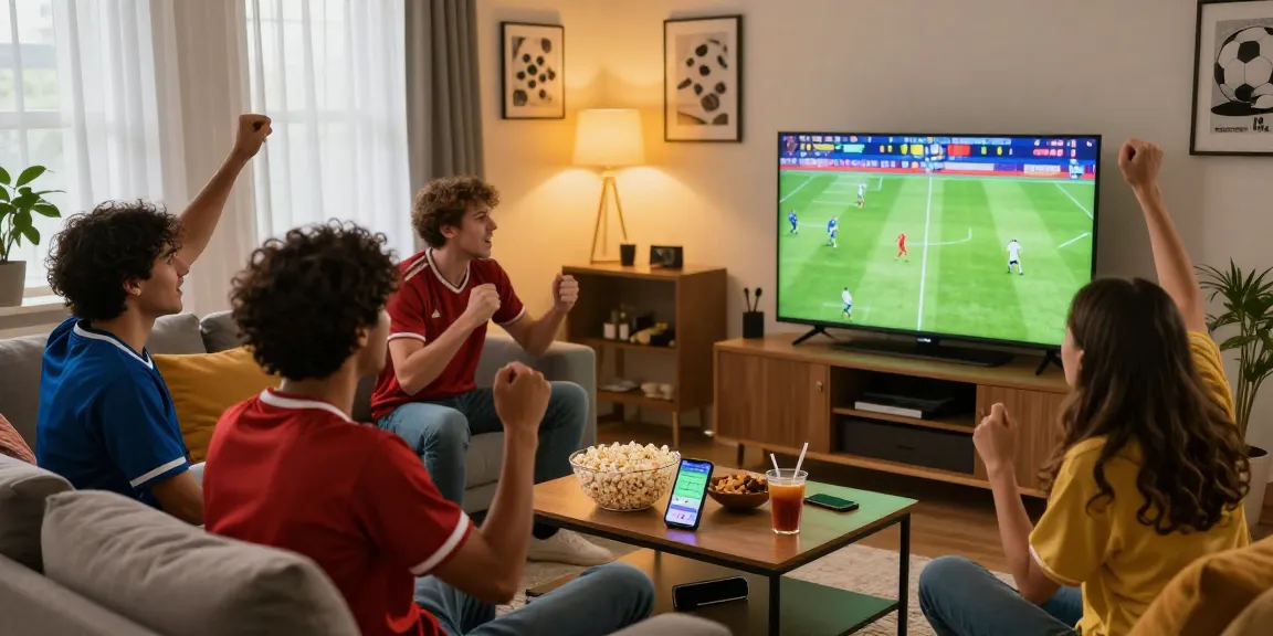 Excited group of friends watching مباريات اليوم live football match in a cozy living room.