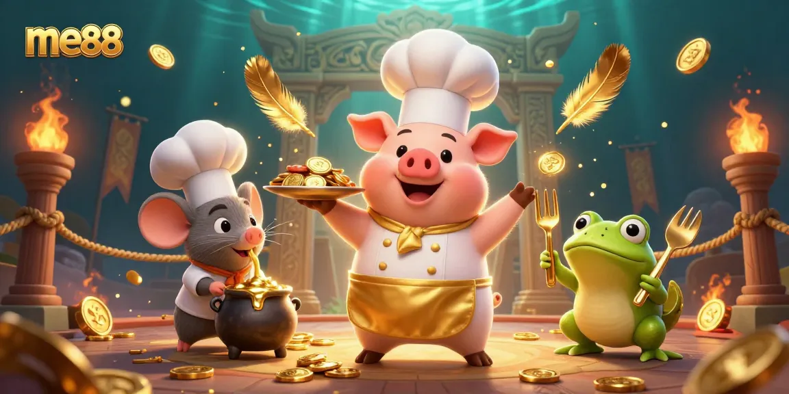 Win big with me88: 3D illustration of a chef pig serving gold coins amidst a vibrant casino theme.